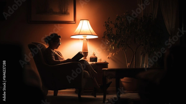 Fototapeta ai cozy evening reading session with warm lamp light illuminating the room and creating a serene atmosphere
