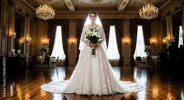 Fototapeta Elegant Bride in Lace Gown with Lilies in Grand Ballroom Setting