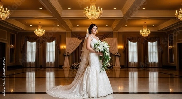 Fototapeta Elegant Bride with Lily Bouquet in Grand Ballroom Setting