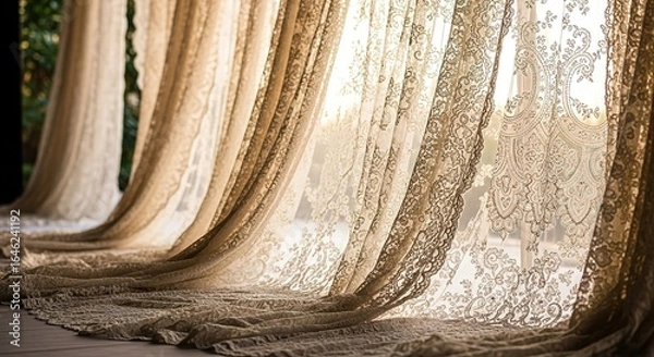 Fototapeta Elegant Lace Curtains Drape Gracefully in Soft Sunlight