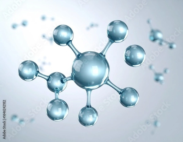Fototapeta Photorealistic 3D render of a fictional molecule made of glass spheres and thin metallic connectors