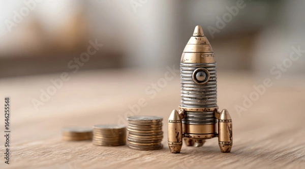 Fototapeta Rocket on top of stacks of coins and representing business growth and financial success