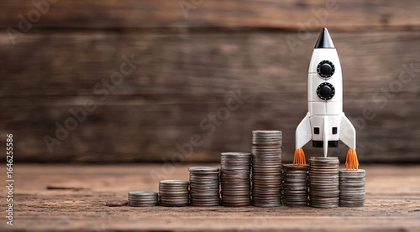 Fototapeta Rocket on top of stacks of coins and representing business growth and financial success