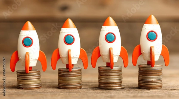 Fototapeta Rocket on top of stacks of coins and representing business growth and financial success