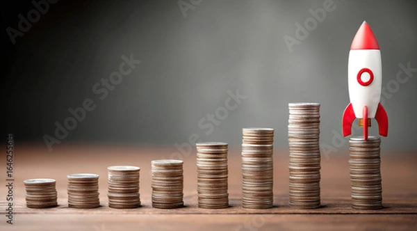 Fototapeta Rocket on top of stacks of coins and representing business growth and financial success