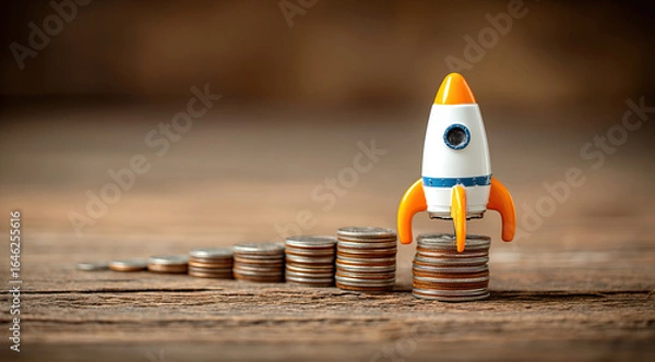 Fototapeta Rocket on top of stacks of coins and representing business growth and financial success