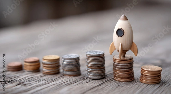 Fototapeta Rocket on top of stacks of coins and representing business growth and financial success