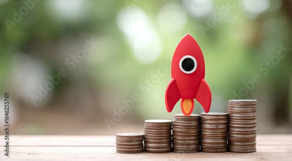 Fototapeta Rocket on top of stacks of coins and representing business growth and financial success