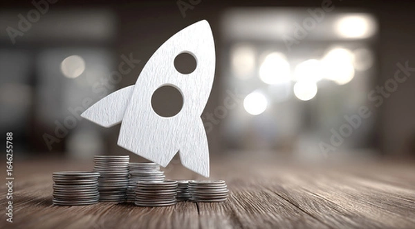 Fototapeta Rocket on top of stacks of coins and representing business growth and financial success