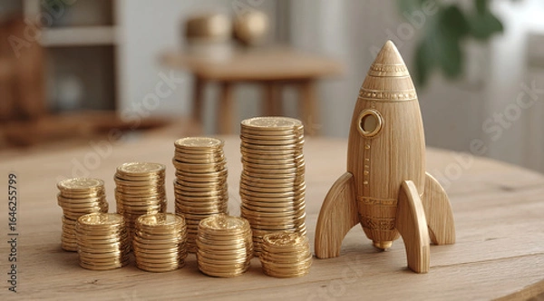 Fototapeta Rocket on top of stacks of coins and representing business growth and financial success