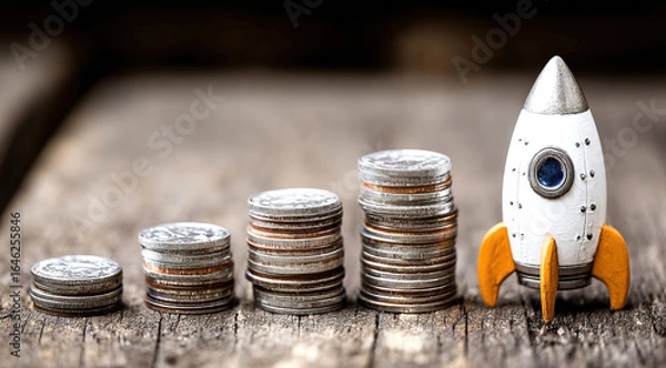 Fototapeta Rocket on top of stacks of coins and representing business growth and financial success