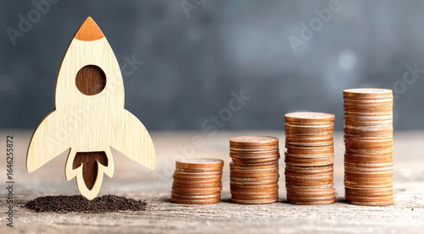 Fototapeta Rocket on top of stacks of coins and representing business growth and financial success