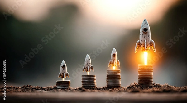 Fototapeta Rocket on top of stacks of coins and representing business growth and financial success