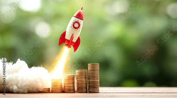 Fototapeta Rocket on top of stacks of coins and representing business growth and financial success