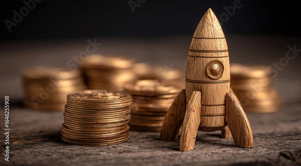 Fototapeta Rocket on top of stacks of coins and representing business growth and financial success