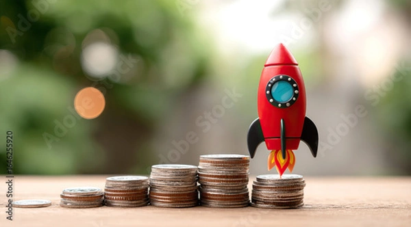Fototapeta Rocket on top of stacks of coins and representing business growth and financial success