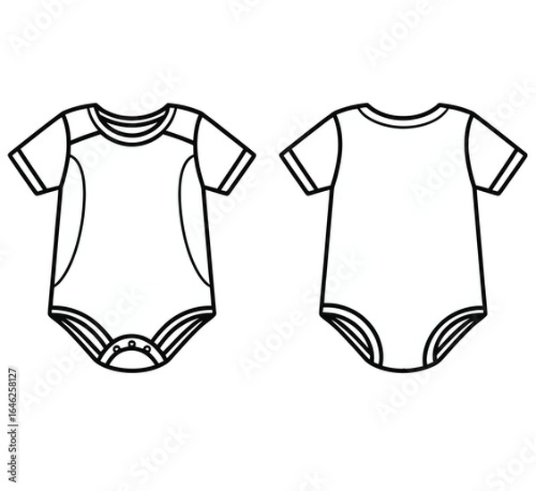 Fototapeta Baby Onesie Template Outline - Infant Bodysuit Front Back Line Art Vector Mockup