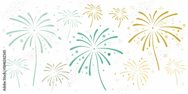 Fototapeta Festive teal and gold fireworks display on white background