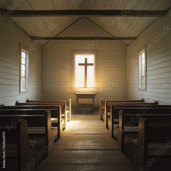 Fototapeta Tranquil Interior of a Small Rural Church with Wooden Benches