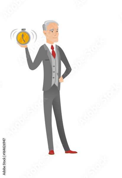 Obraz Senior caucasian businessman holding alarm clock.