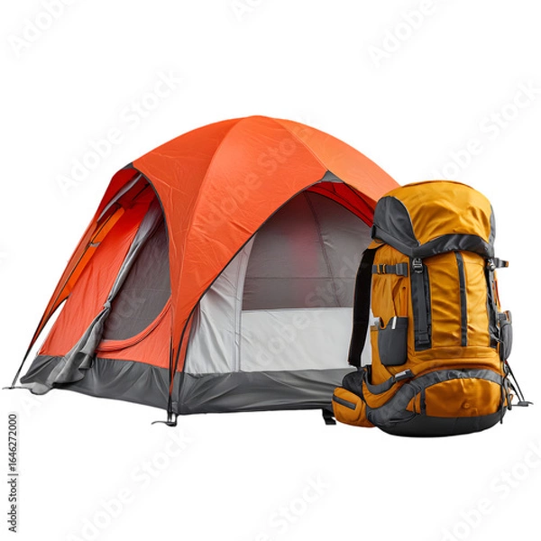 Fototapeta Bright orange camping tent and yellow hiking backpack ready for outdoor adventure isolated on transparent background
