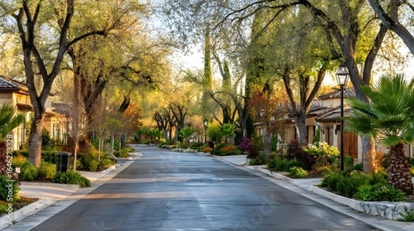 Fototapeta Residential street lined with trees and homes.