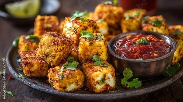 Fototapeta Crispy golden paneer bites with spicy chili chutney and fresh cilantro garnish, a delicious appetizer
