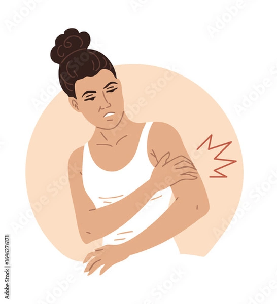 Obraz Vector illustration of a woman with shoulder pain from rotator cuff injury or muscle strain. Isolated medical concept for joint and muscle problems