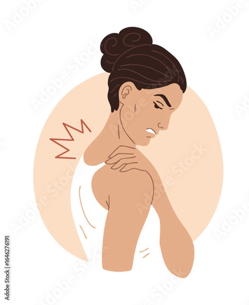 Obraz Vector illustration of a woman with trapezius muscle pain from tension, strain, or poor posture. Isolated medical concept for neck and shoulder discomfort