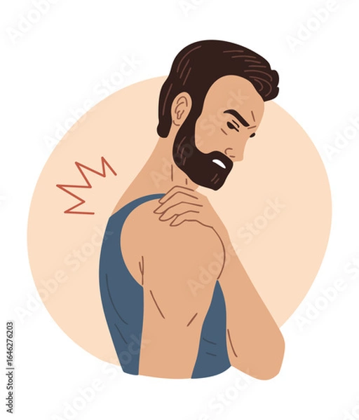 Obraz Vector illustration of a man with trapezius muscle pain due to strain, tension, or poor posture. Isolated medical and health concept