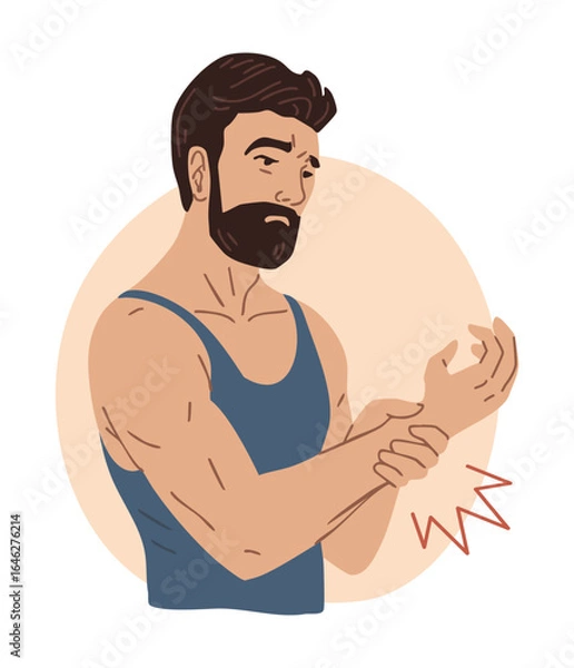 Obraz Vector illustration of a man holding his wrist due to tendonitis, carpal tunnel syndrome, or injury. Isolated medical concept for hand and joint pain