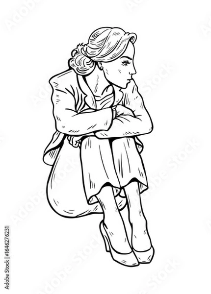 Obraz Black and white hand drawn vector of a young woman in a pantsuit sitting on the floor hugging her knees. Concept of depression, loneliness, and emotional problems