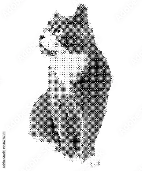 Fototapeta Vector illustration of cute cat with halftone effect. Illustration for design and decoration with trendy texture. The cat sits and looks up.