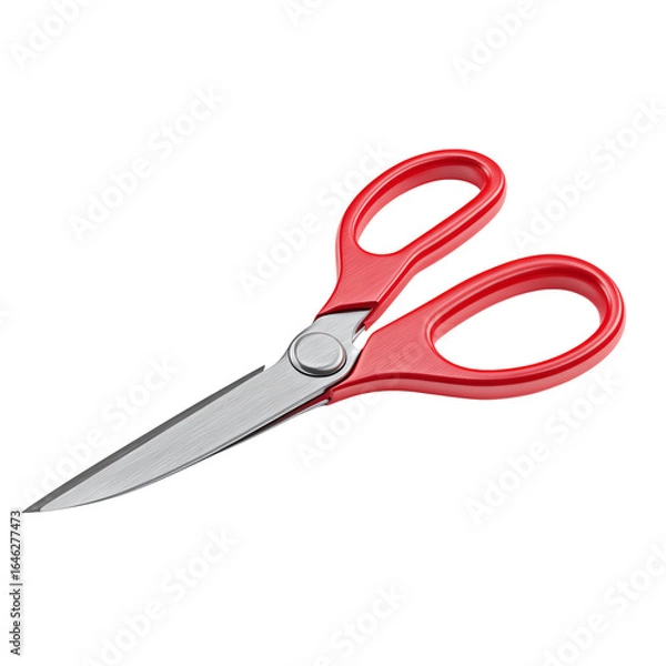 Fototapeta Right-handed red-handle stainless-steel scissors, open blades pointing left — white isolated background