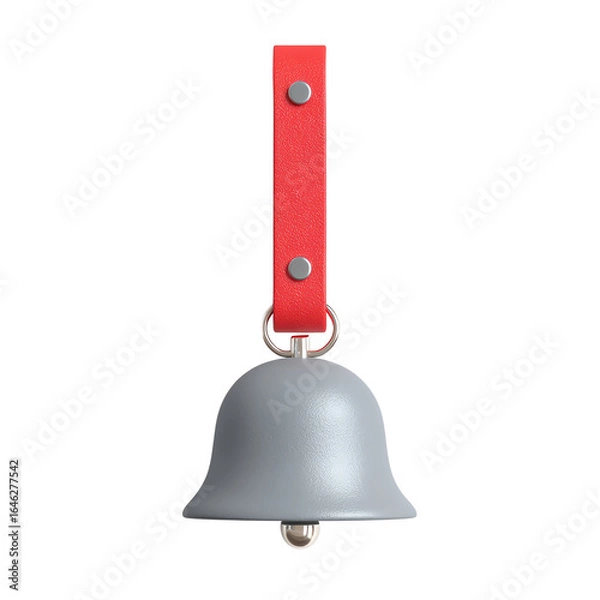 Fototapeta Sleek silver handbell with red hanging strap — white isolated background