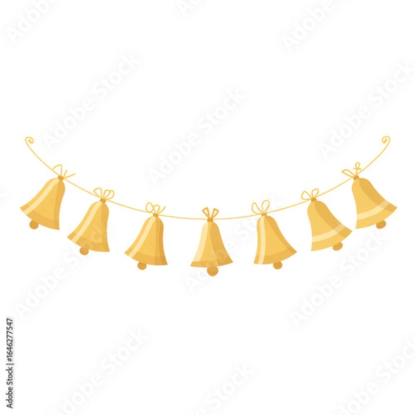 Fototapeta Gold jingle-bell garland banner on string — white isolated background