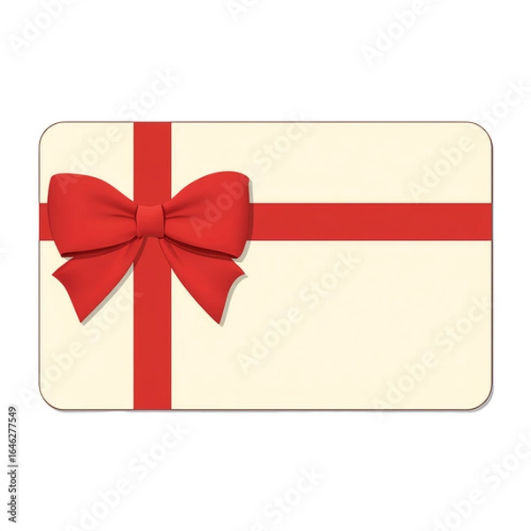 Fototapeta Cream gift card wrapped with red ribbon and bow — white isolated background