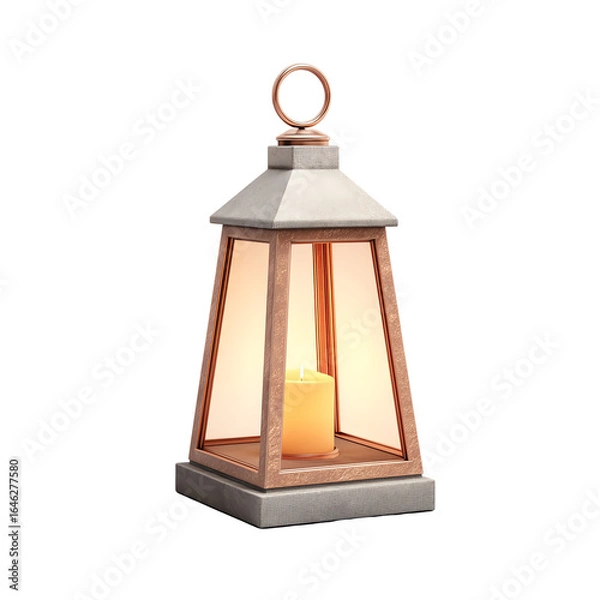 Fototapeta Rustic metal lantern with glass panes and inner candle — white isolated background