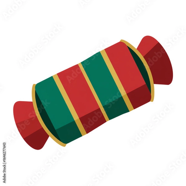 Fototapeta Green–red striped Christmas party cracker with gold bands white isolated background