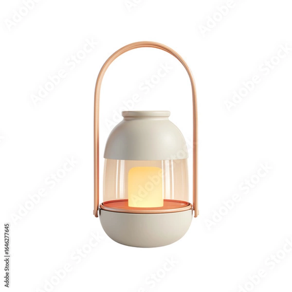 Fototapeta Minimal white lantern with leather handle and warm glow white isolated background