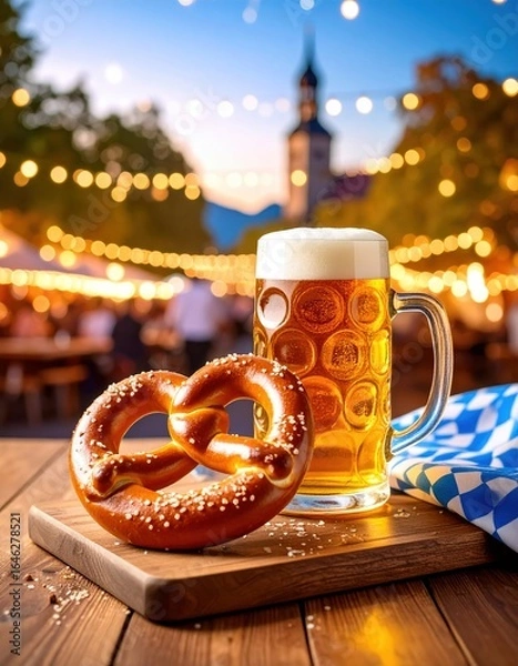 Obraz Oktoberfest celebration with beer and pretzel at outdoor beer garden in warm evening light