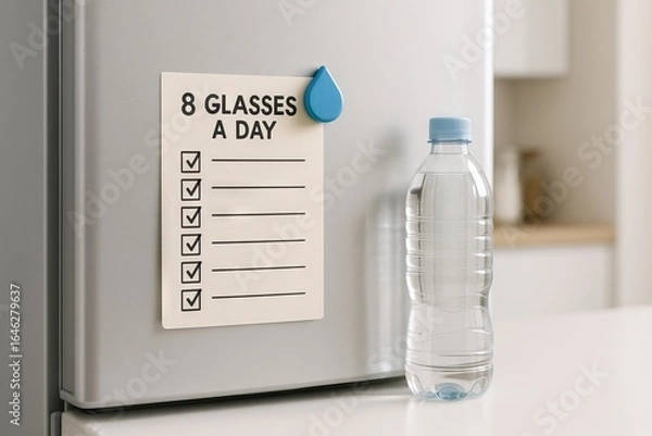 Fototapeta Water bottle in front of refrigerator with checklist reminding to drink eight glasses a day. concept of hydration, health routine, daily water intake.