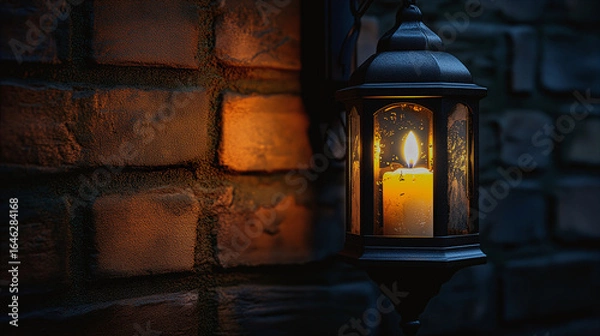 Fototapeta A candle in a lantern reflecting as a streetlamp, exquisite brick background. Room for copy.