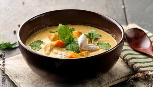 Obraz delicious coconut curry soup with fresh herbs and spices