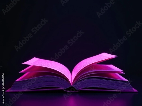 Fototapeta An open book with glowing pink pages against a dark background symbolizes reading and learning.
