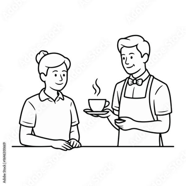 Fototapeta Friendly waiter serving customer coffee in a cafe, offering a warm welcome and excellent service for a delightful experience made from vector graphics