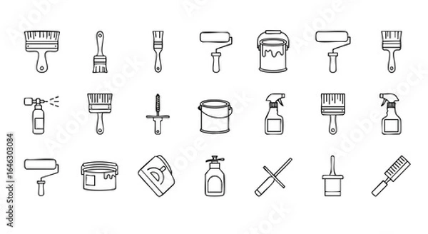 Fototapeta A comprehensive collection of hand-drawn line art icons featuring diverse painting and cleaning implements, ideal for DIY projects and home improvement.