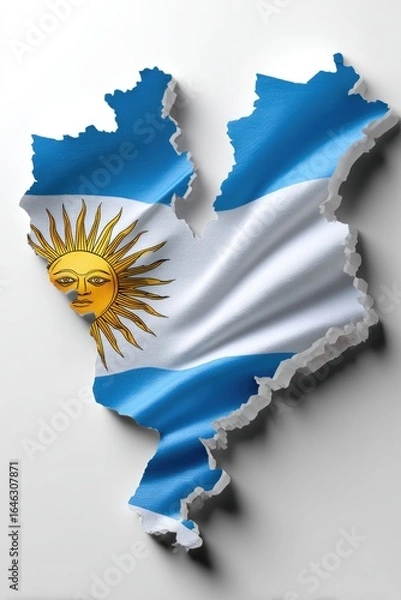 Fototapeta Uruguay flag shape outlined on white surface, textured fabric, sun emblem, national symbol, day celebration concept