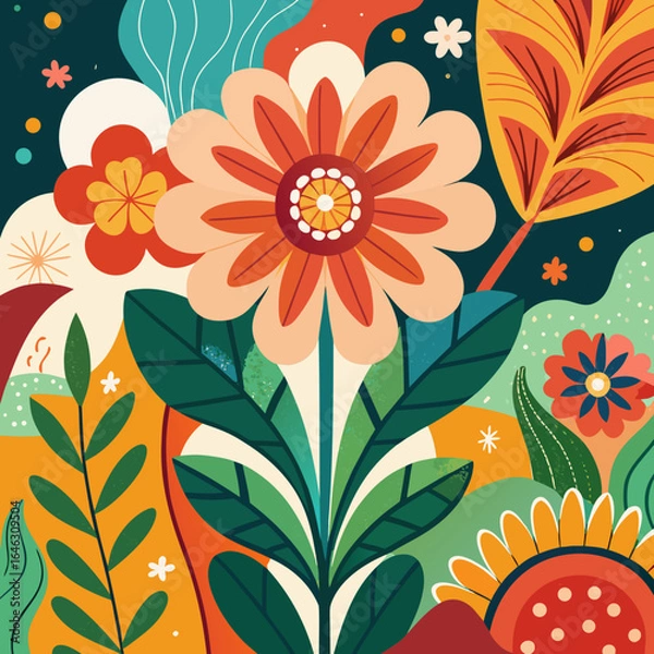 Fototapeta Seamless pattern featuring vibrant pink and orange flowers, green leaves, and blossoms, perfect for a spring or summer floral background design