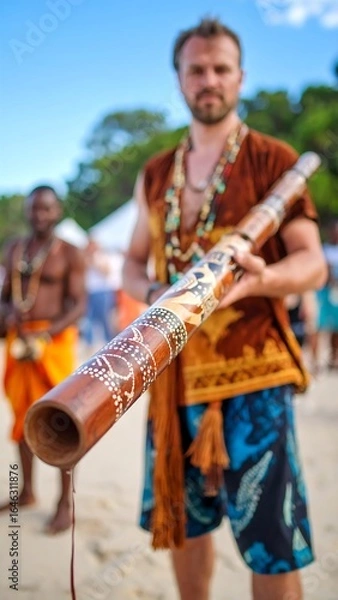 Obraz Man playing didgeridoo on beach